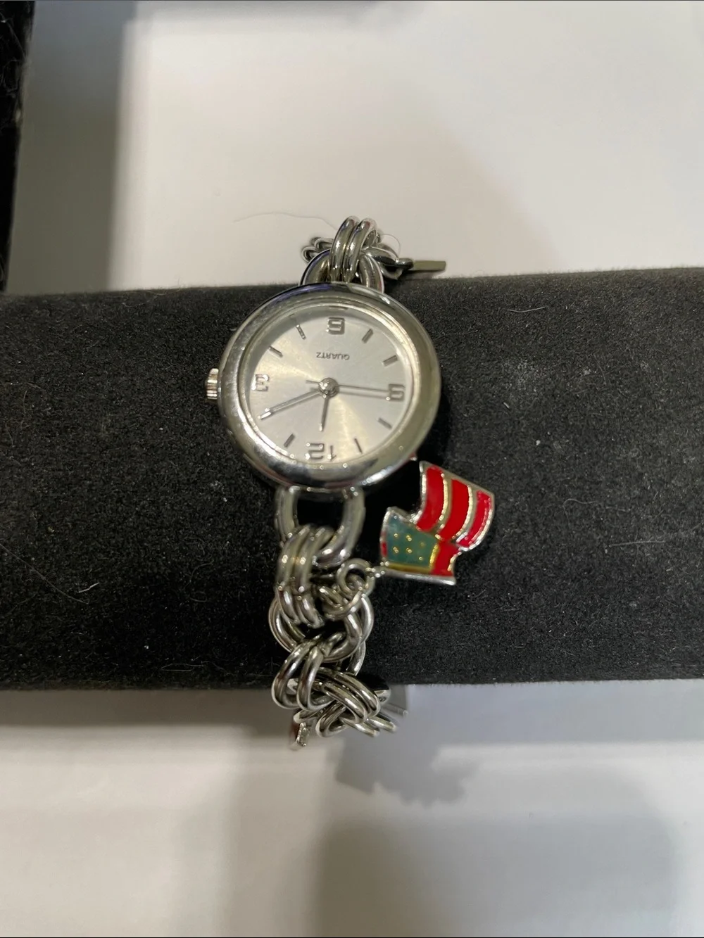 4th of July -Silver Quartz Charm Bracelet Watch Flag Charm.Needs Battery.